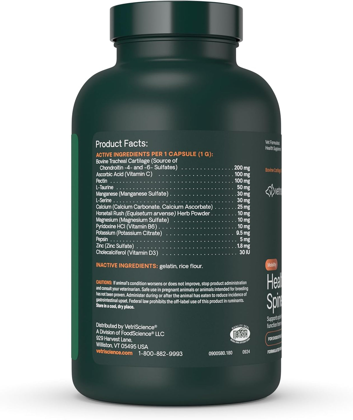 VetriScience Healthy Spine & Disc Back & Spinal Support Chondroitin & Taurine Supplement for Dogs 180 Capsulas