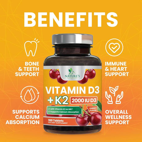 NATURE'S NUTRITION - Nature's Nutrition Vitamin D3 K2 Chewable Cherry 180 Tabletas Masticables - The Red Vitamin MX - Suplementos Alimenticios - {{ shop.shopifyCountryName }}