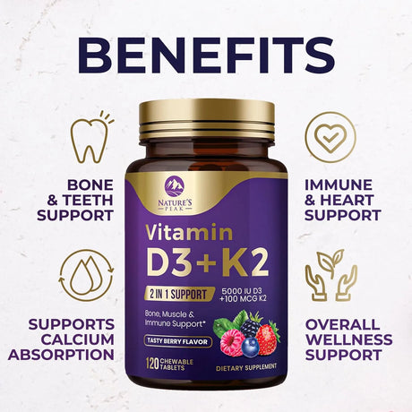 NATURE´S PEAK - Nature's Peak Vitamin D3 5000IU Plus K2 120 Tabletas Masticables - The Red Vitamin MX - Suplementos Alimenticios - {{ shop.shopifyCountryName }}