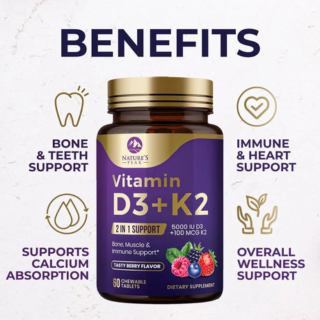 NATURE´S PEAK - Nature's Peak Vitamin D3 5000IU Plus K2 60 Tabletas Masticables - The Red Vitamin MX - Suplementos Alimenticios - {{ shop.shopifyCountryName }}