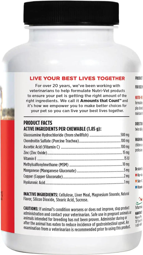 NUTRI-VET - Nutri-Vet Hip & Joint Chewable Dog Regular Strength 180 Tabletas Masticables - The Red Vitamin MX - Cuidado De Cadera Y Articulaciones Para Perros - {{ shop.shopifyCountryName }}
