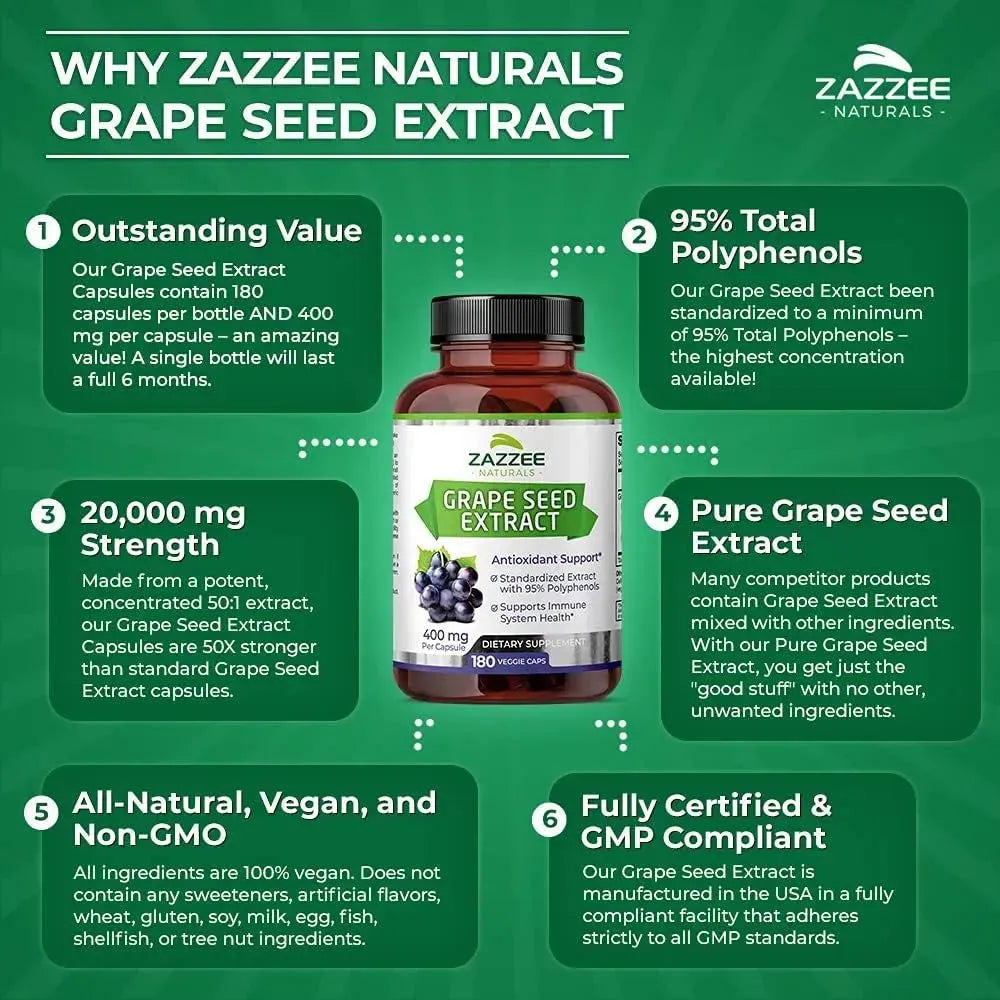 ZAZZEE NATURALS - Zazzee High Strength Grape Seed 50:1 Extract 180 Capsulas - The Red Vitamin MX - Suplementos Alimenticios - {{ shop.shopifyCountryName }}