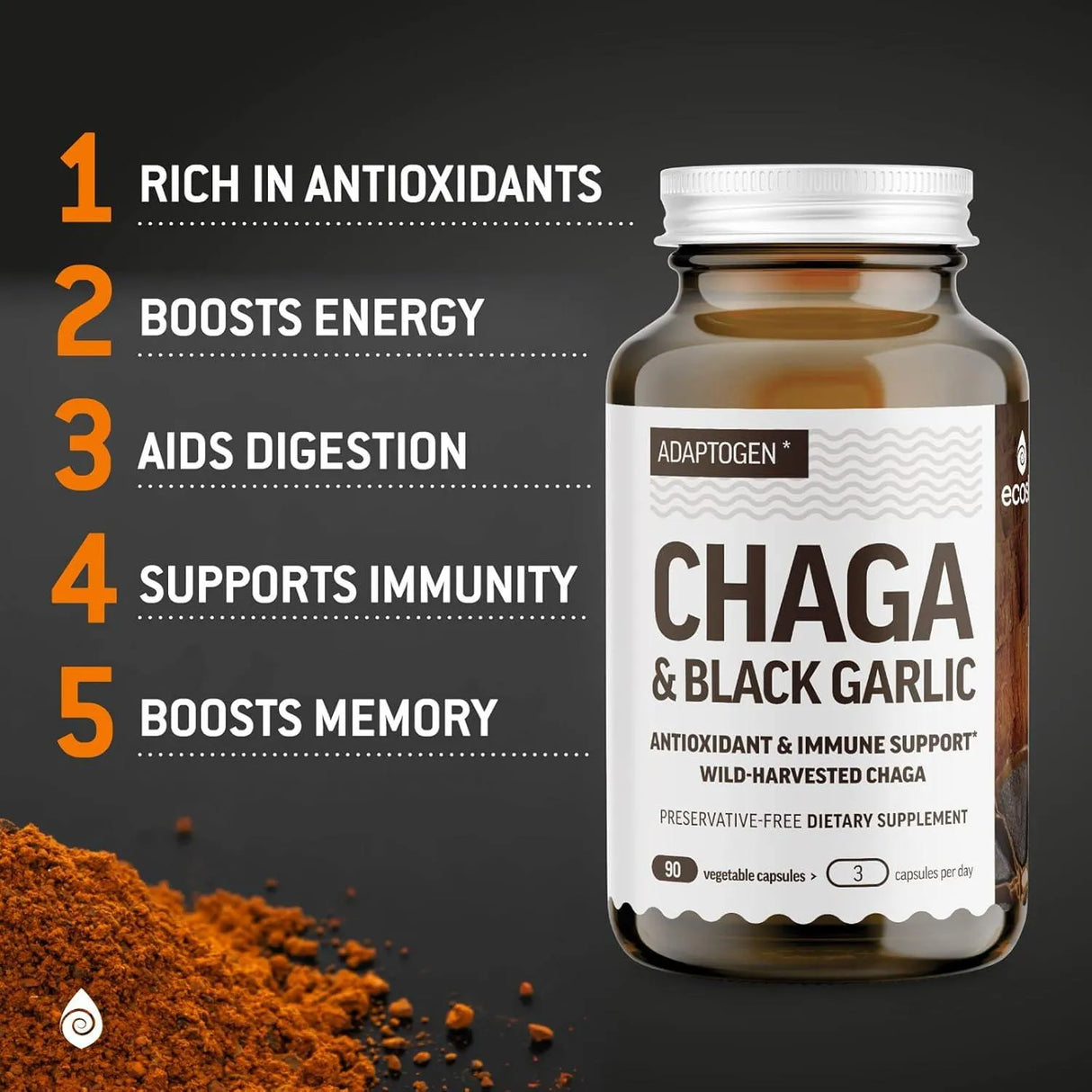 ECOSH - Ecosh Real Wild Chaga Mushroom & Aged Black Garlic Powder 90 Capsulas - The Red Vitamin MX - Suplementos Alimenticios - {{ shop.shopifyCountryName }}