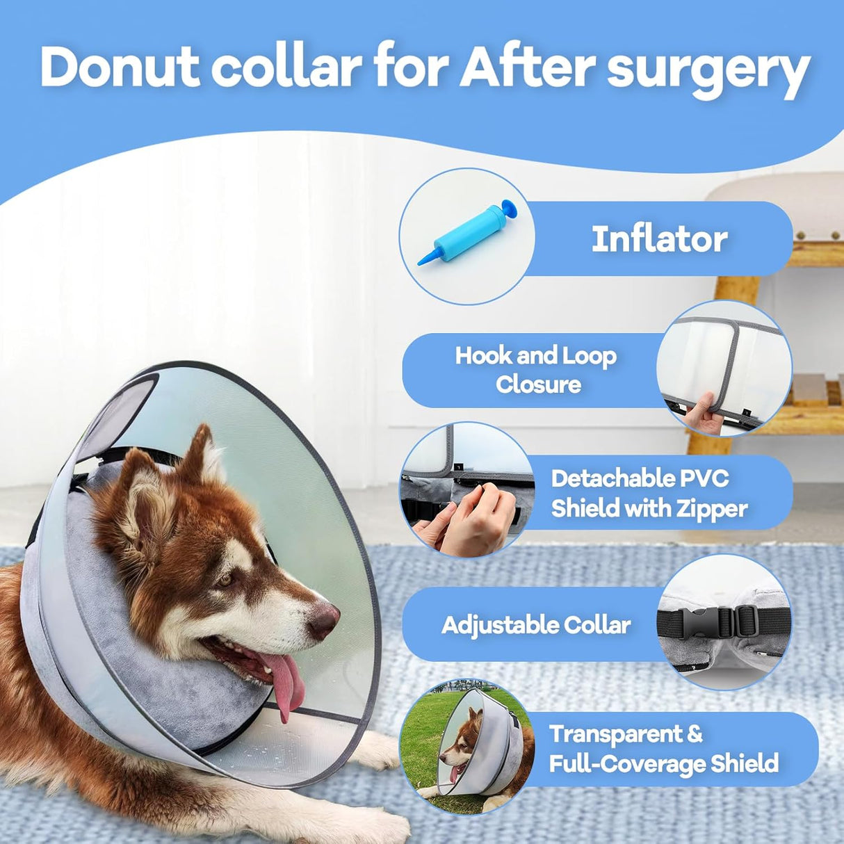 NoarWin 2-in-1 Inflatable Dog Cone Collar with Detachable Anti-Licking Shield GREY MEDIUM
