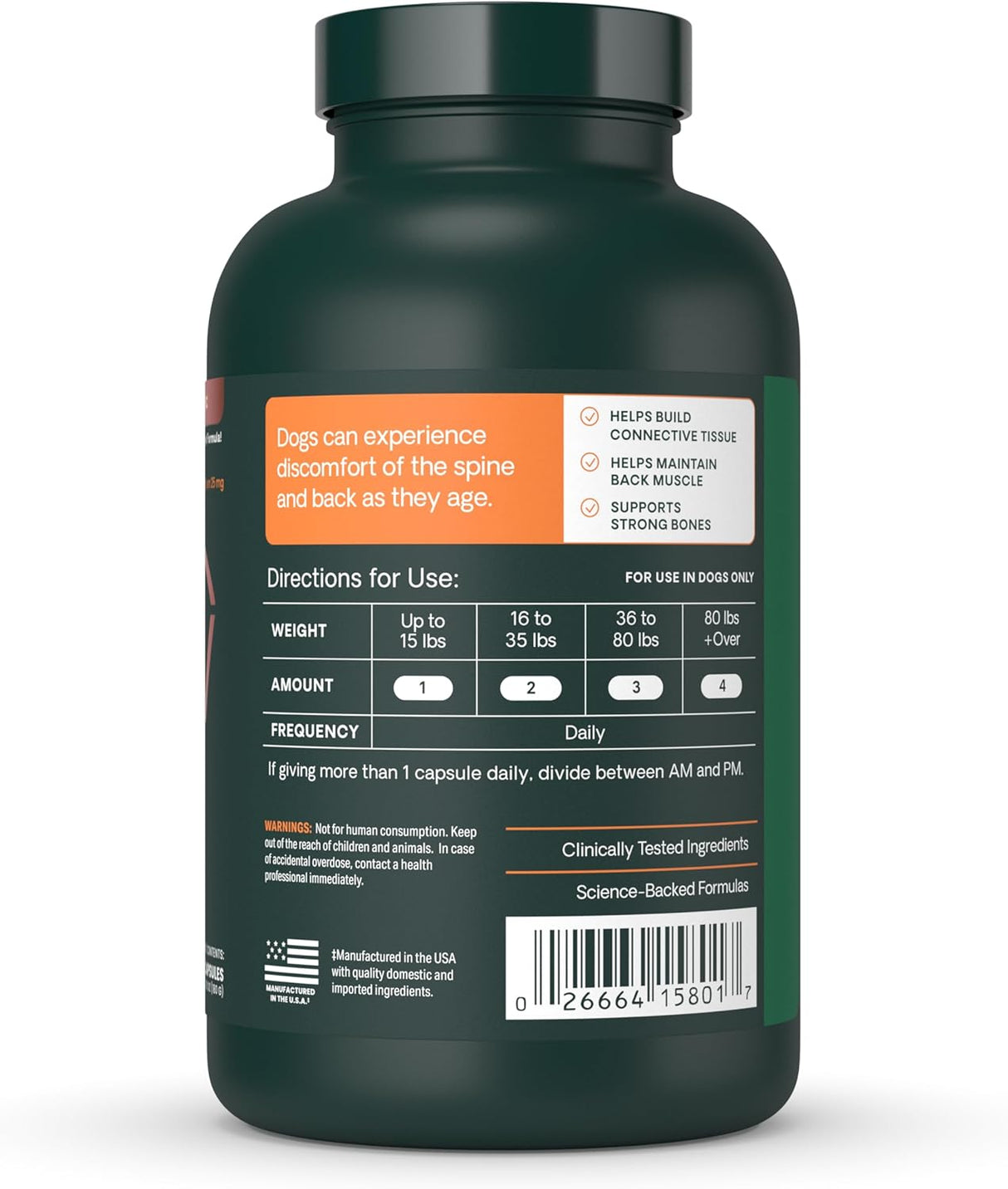 VetriScience Healthy Spine & Disc Back & Spinal Support Chondroitin & Taurine Supplement for Dogs 180 Capsulas