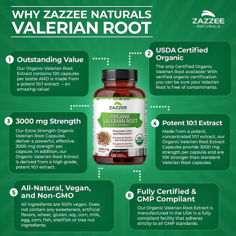 ZAZZEE NATURALS - Zazzee USDA Organic Valerian Root 10:1 Extract 120 Capsulas - The Red Vitamin MX - Suplementos Alimenticios - {{ shop.shopifyCountryName }}