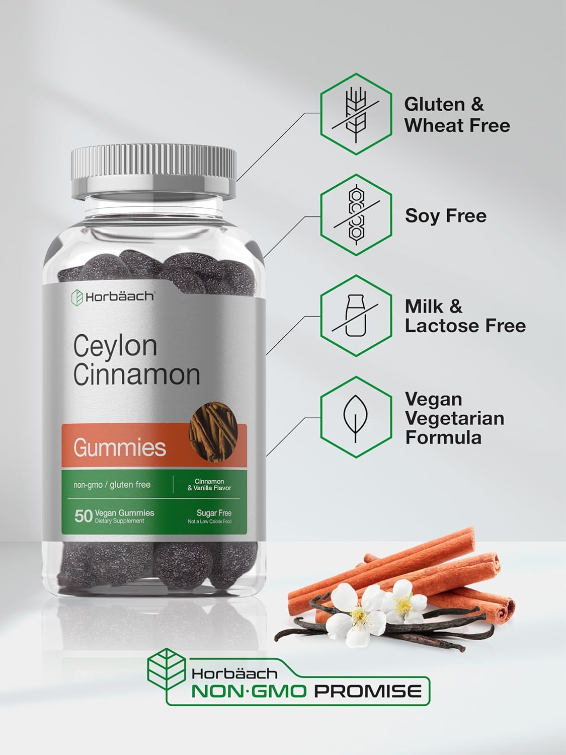 Horbaach Sugar Free Ceylon Cinnamon Gummies 2000Mg. 50 Gomitas