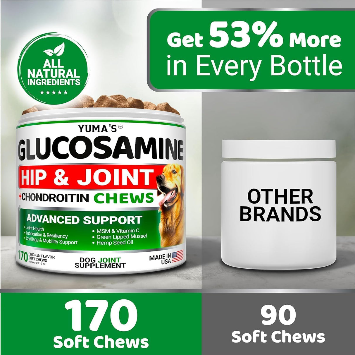 YUMA'S Glucosamine for Dogs Hip and Joint Supplement 170 Masticables 2 Pack