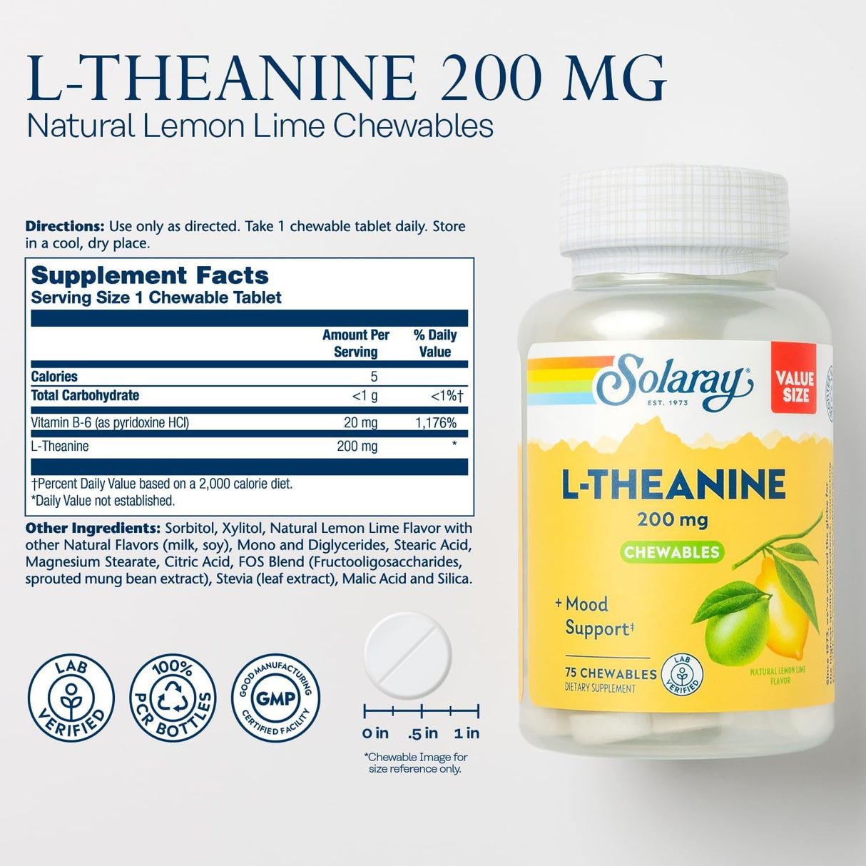 Solaray L Theanine 200Mg. 75 Tabletas Masticables