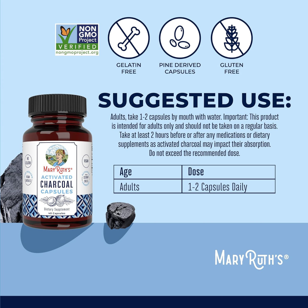 MaryRuth Organics Activated Charcoal 950Mg. 40 Capsulas