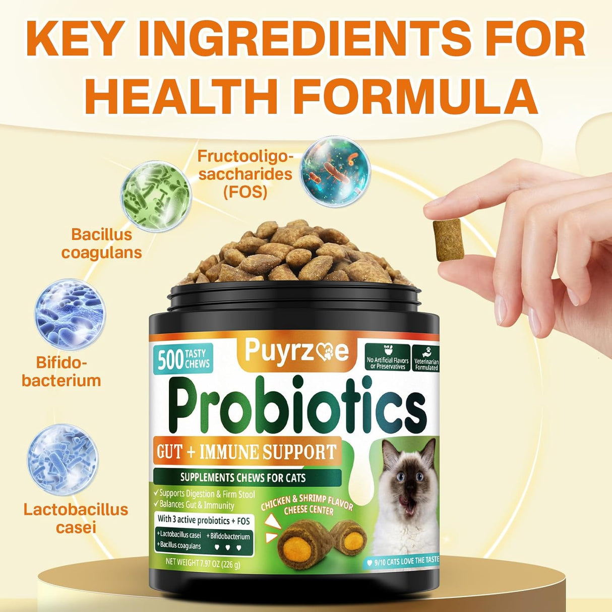Puyrzoe Cat Probiotics & FOS 500 Masticables