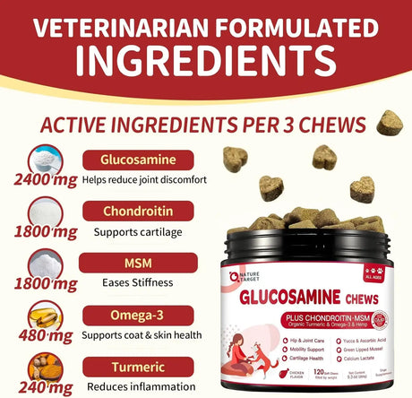 NATURE TARGET - NATURE TARGET Glucosamine with Chondroitin MSM for Dogs 120 Masticables - The Red Vitamin MX - Cuidado De Cadera Y Articulaciones Para Perros - {{ shop.shopifyCountryName }}