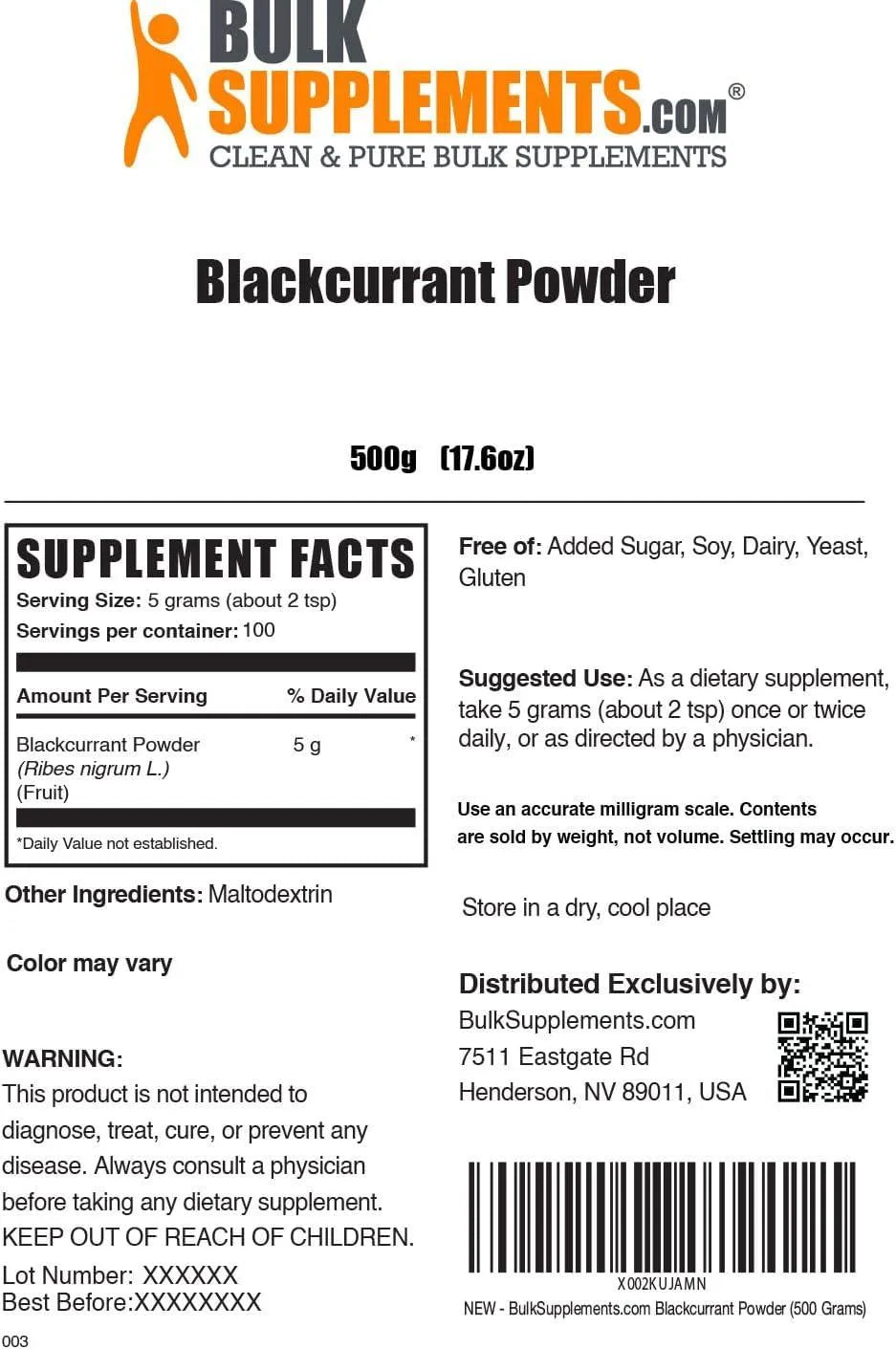 BULK SUPPLEMENTS - Bulk Supplements Blackcurrant Powder 500Gr. - The Red Vitamin MX - Suplementos Alimenticios - {{ shop.shopifyCountryName }}