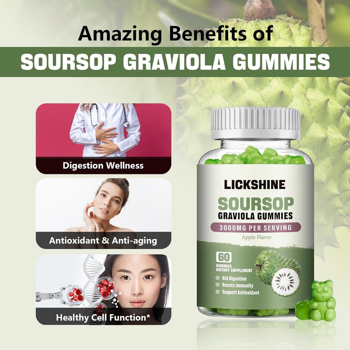 Lickshine Soursop Graviola Gummies 3000Mg. 60 Gomitas 2 Pack