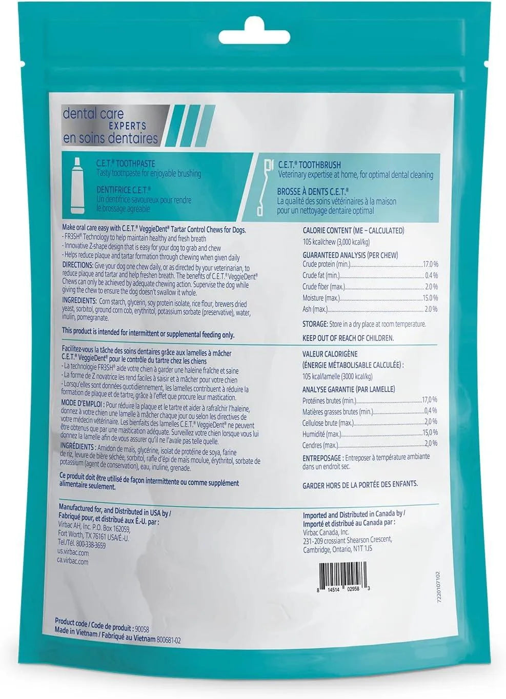 VIRBAC - Virbac CET Veggiedent FR3SH Tartar Control Chews for Large Dogs Over 66 Pounds 30 Piezas - The Red Vitamin MX - Cuidado Dental Para Perros - {{ shop.shopifyCountryName }}