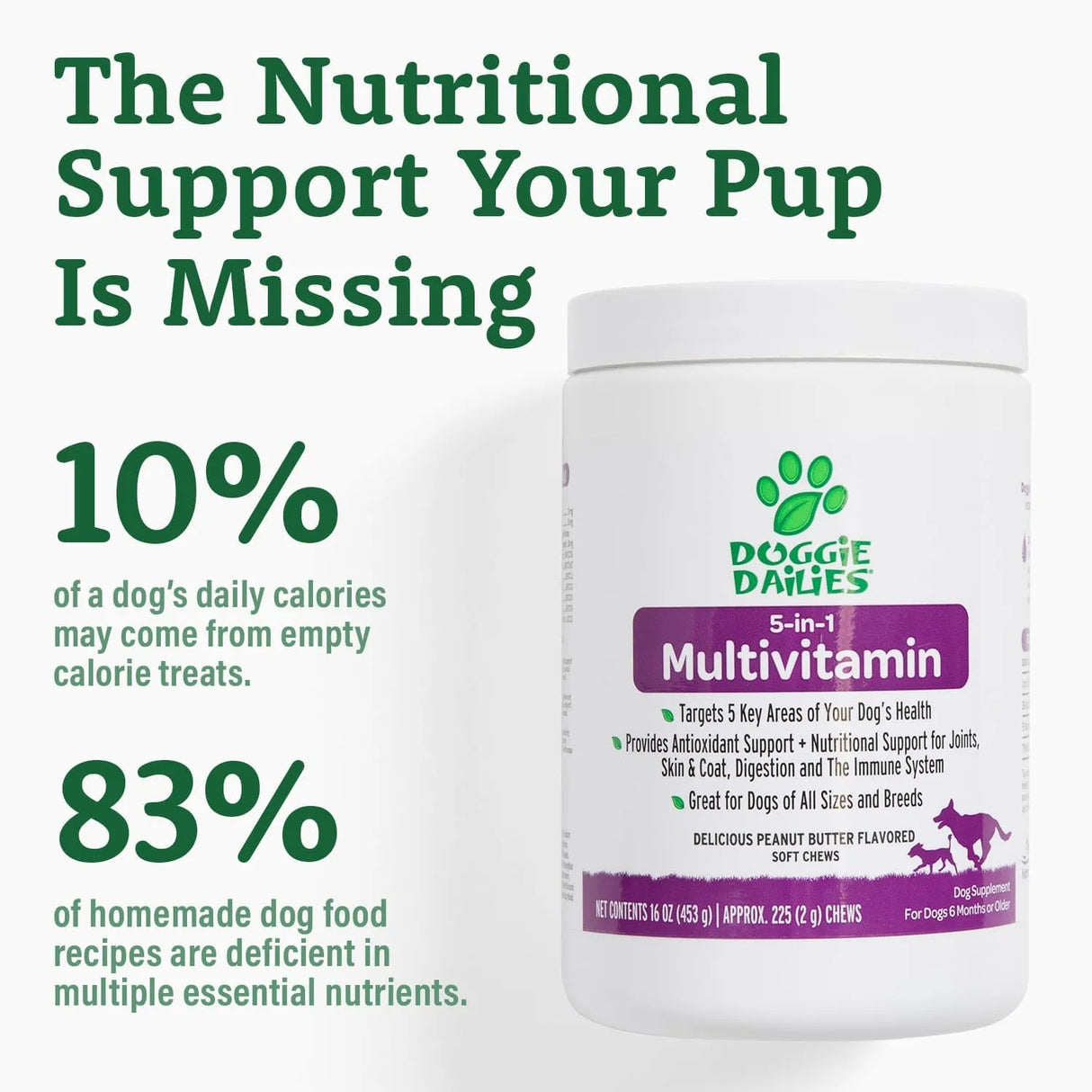 DOGGIE DAILIES - Doggie Dailies 5 in 1 Multivitamin for Dogs Peanut Butter 225 Masticables - The Red Vitamin MX - Multivitamínicos Para Perros - {{ shop.shopifyCountryName }}