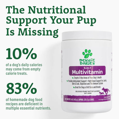 DOGGIE DAILIES - Doggie Dailies 5 in 1 Multivitamin for Dogs Peanut Butter 225 Masticables - The Red Vitamin MX - Multivitamínicos Para Perros - {{ shop.shopifyCountryName }}