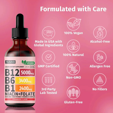 NUSAVA - NUSAVA Vitamin B12 and B6 Liquid Drops Strawberry 2 Fl.Oz. 2 Pack - The Red Vitamin MX - Suplementos Alimenticios - {{ shop.shopifyCountryName }}