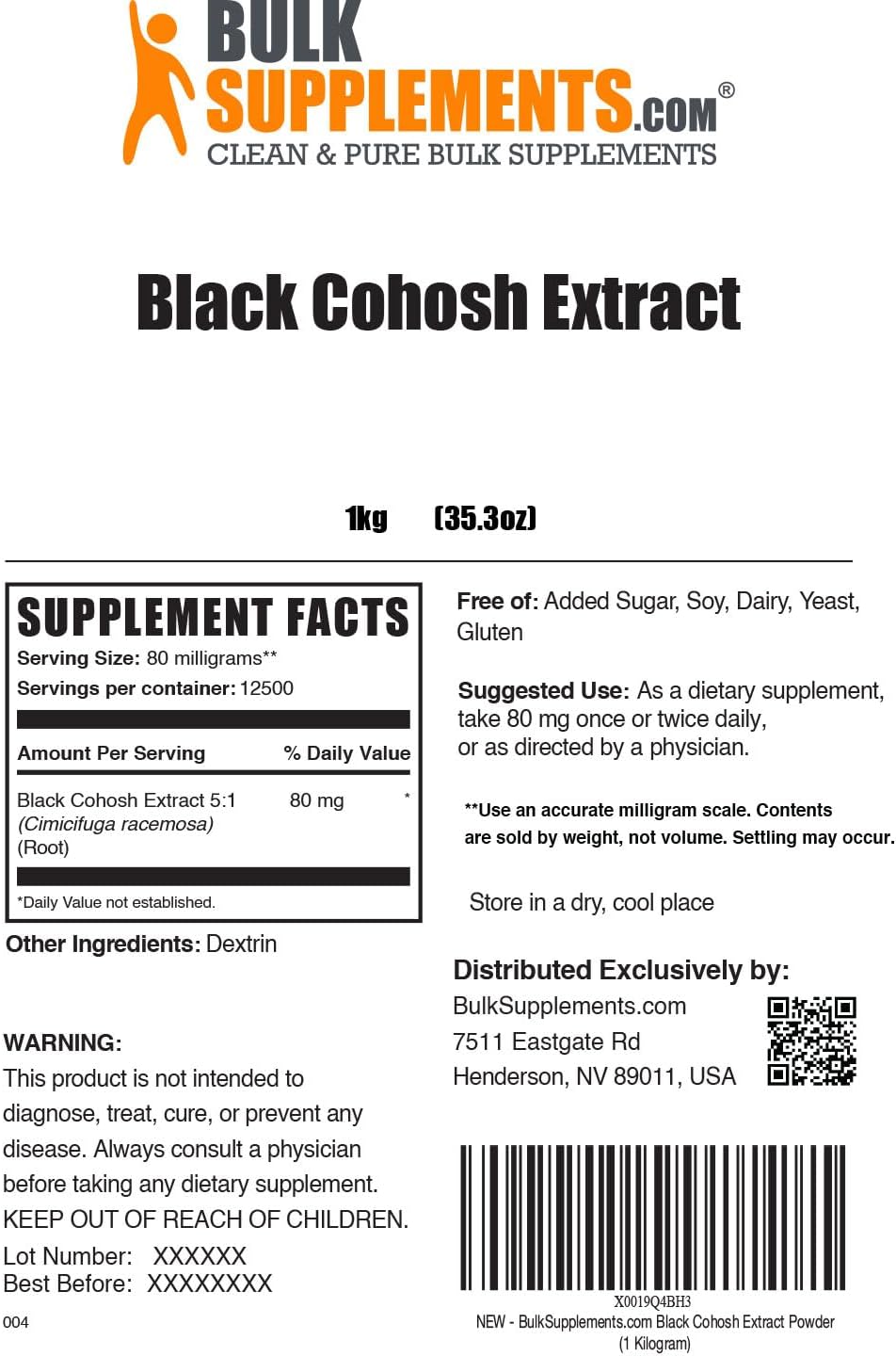 Bulk Supplements Black Cohosh Extract Powder 1 Kg.