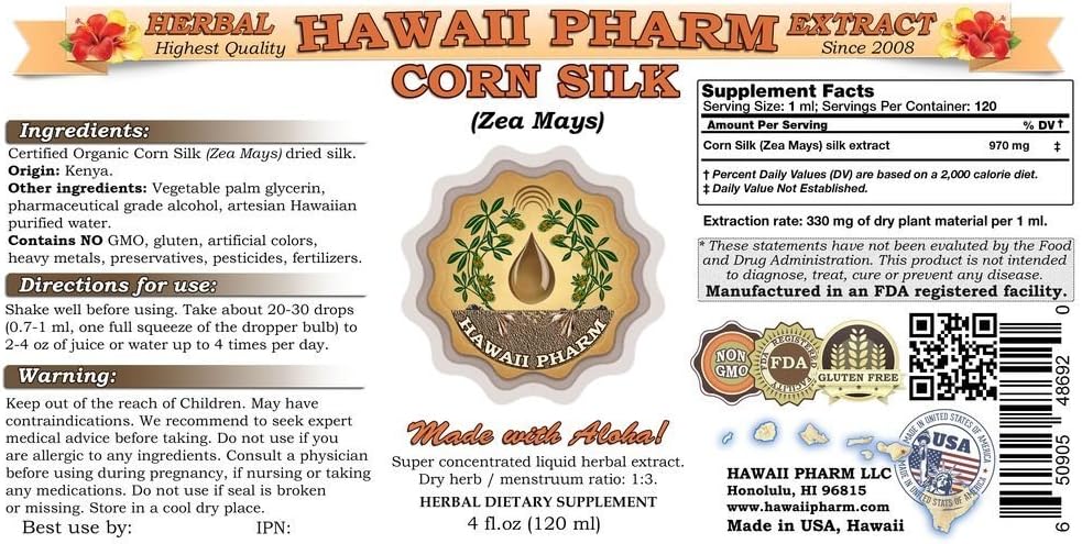 HawaiiPharm Corn Silk Liquid Extract 4 Fl.Oz.