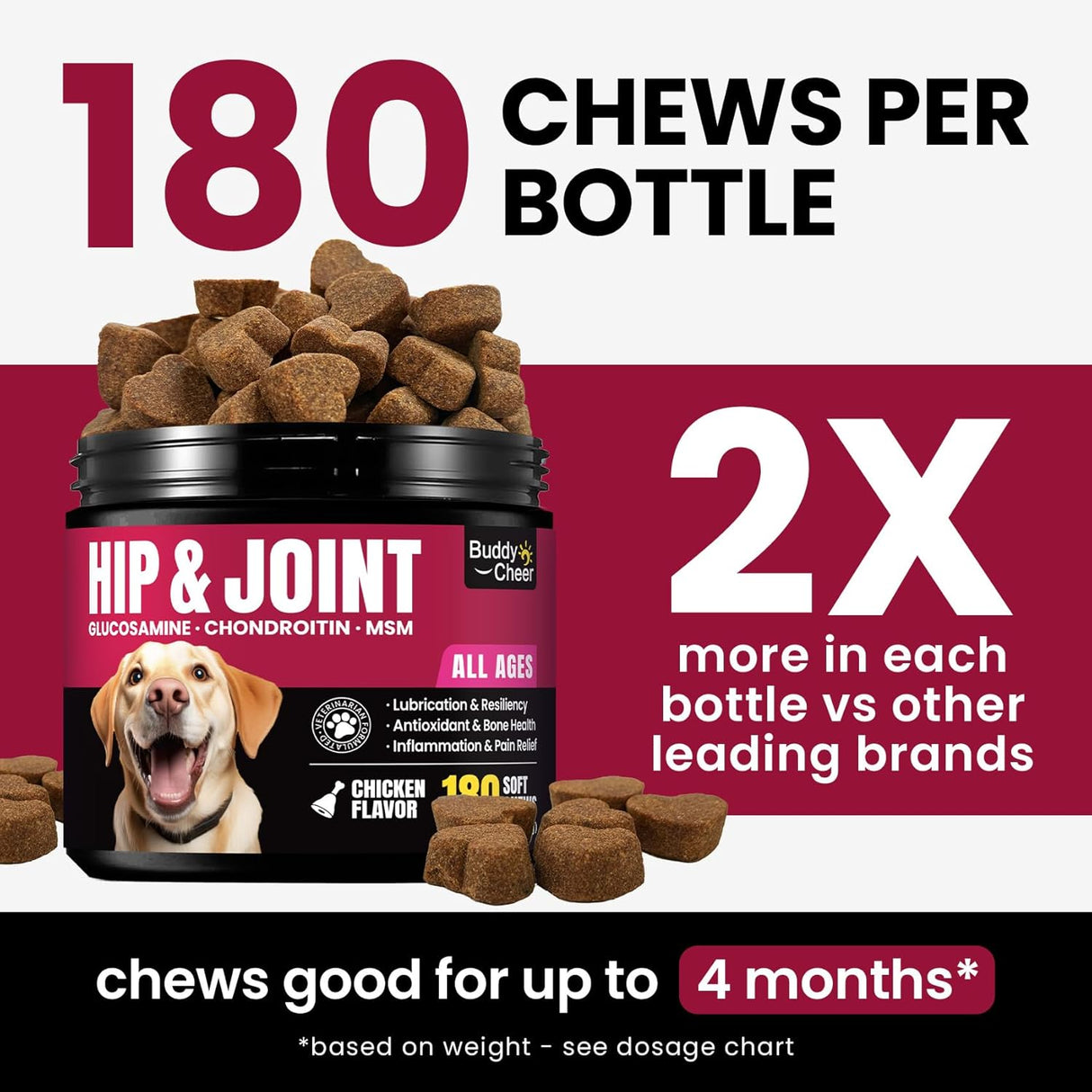 BuddyCheer Glucosamine for Dogs Hip and Joint Supplement Chews 180 Masticables