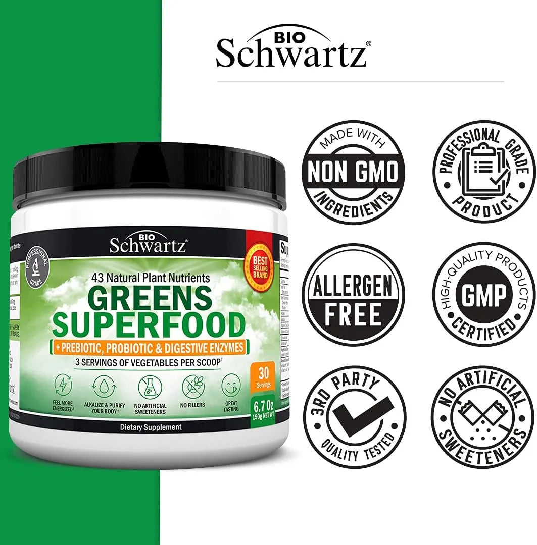 BIO SCHWARTZ - BioSchwartz Super Greens Powder 30 Servicios 190Gr. - The Red Vitamin MX - Suplementos Alimenticios - {{ shop.shopifyCountryName }}