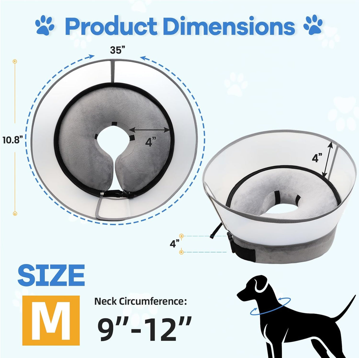 NoarWin 2-in-1 Inflatable Dog Cone Collar with Detachable Anti-Licking Shield GREY MEDIUM