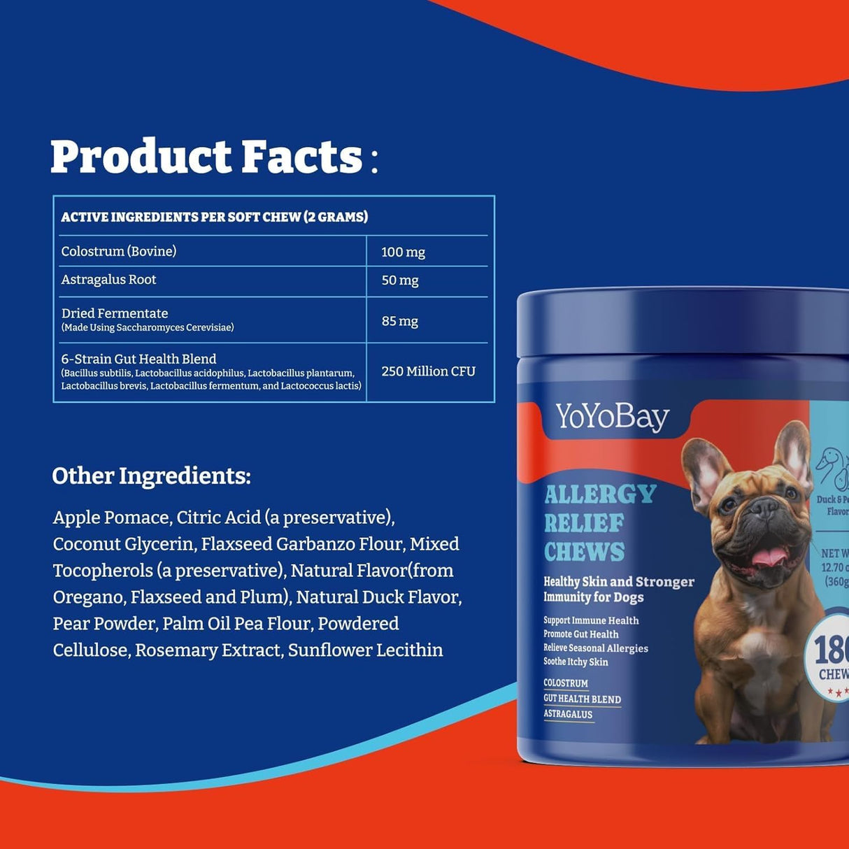 YoYoBay Dog Allergy Relief Chews Duck & Pear 180 Masticables 2 Pack