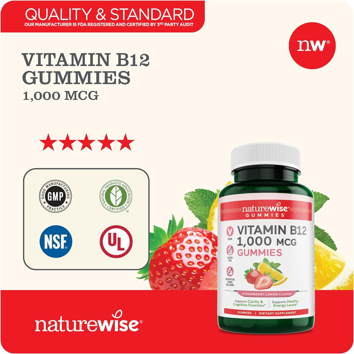 NatureWise Vitamin B12 1,000mcg trawberry Lemon Flavored Gummies 180 Gomitas