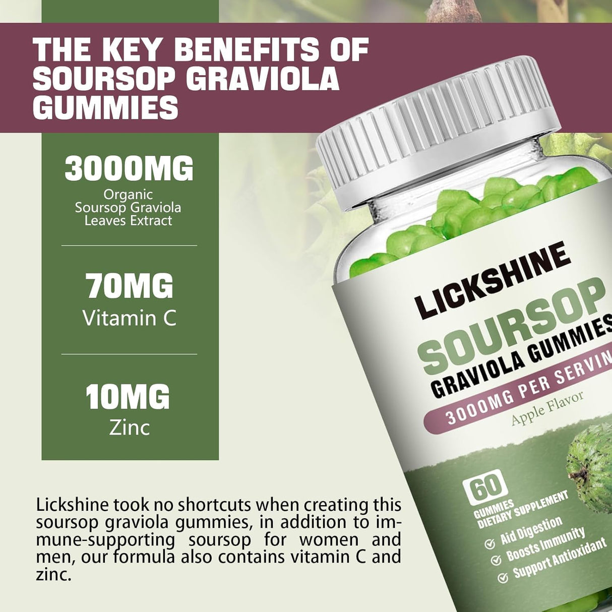 Lickshine Soursop Graviola Gummies 3000Mg. 60 Gomitas 2 Pack