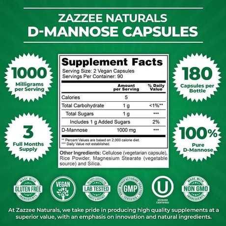 ZAZZEE NATURALS - Zazzee D-Mannose 1,000Mg. 180 Capsulas - The Red Vitamin MX - Suplementos Alimenticios - {{ shop.shopifyCountryName }}