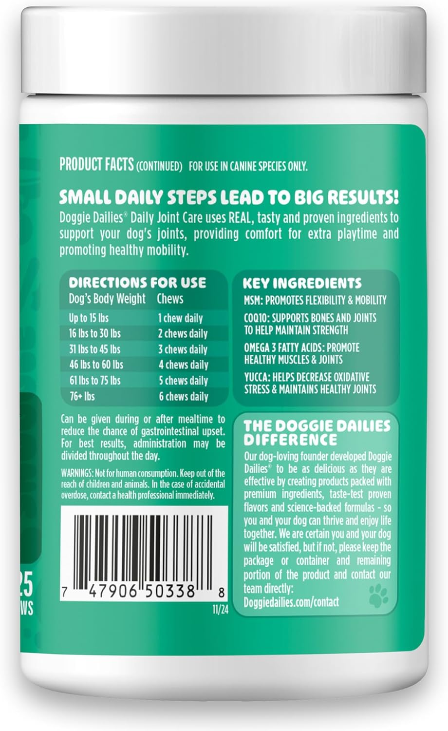 Doggie Dailies Daily Joint Care Glucosamine for Dogs Chicken 225 Masticables