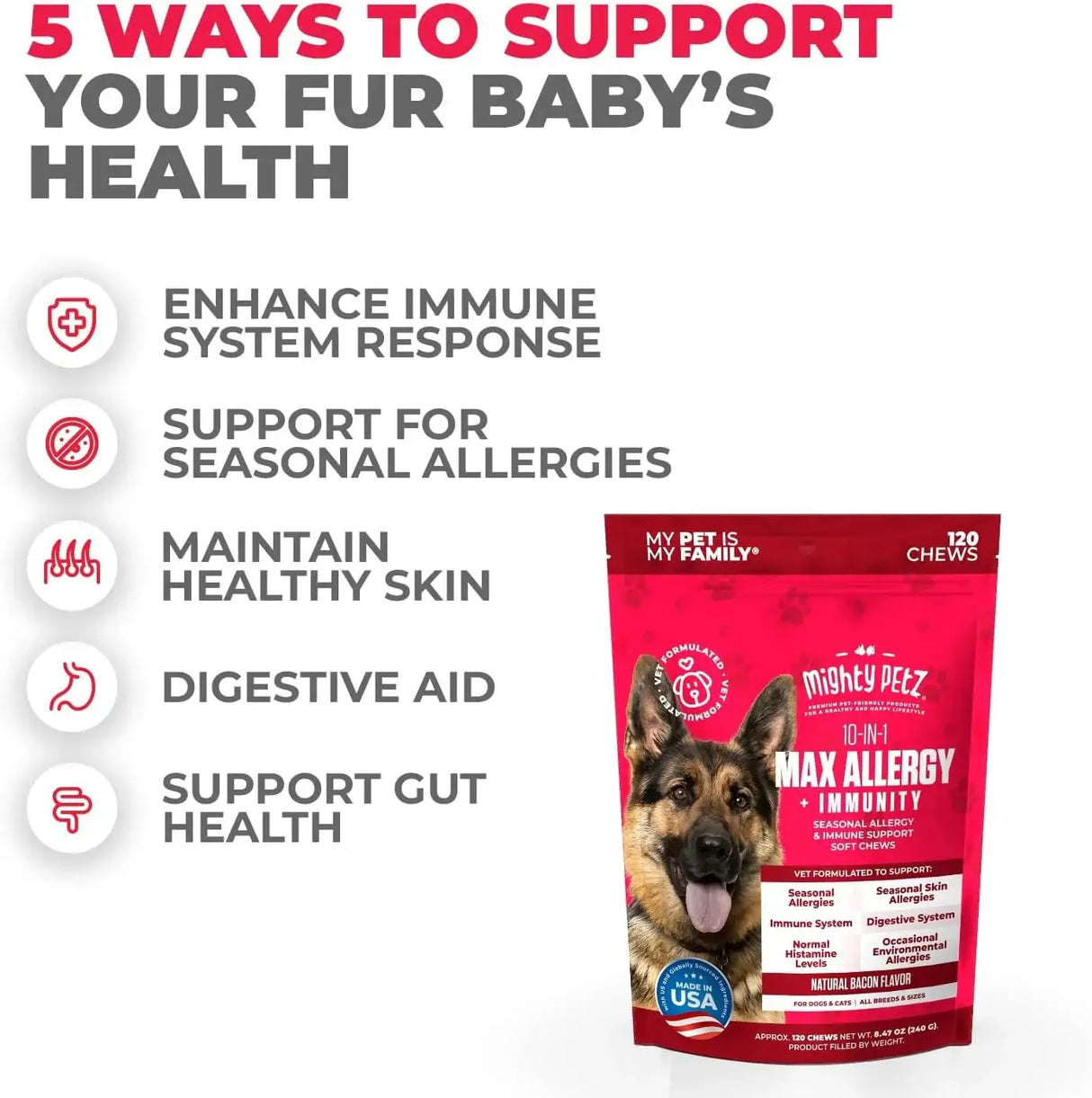 MIGHTY PETZ - Mighty Petz MAX Dog Allergy Relief Chews 120 Masticables - The Red Vitamin MX - Remedios Para La Picazón De Perros - {{ shop.shopifyCountryName }}