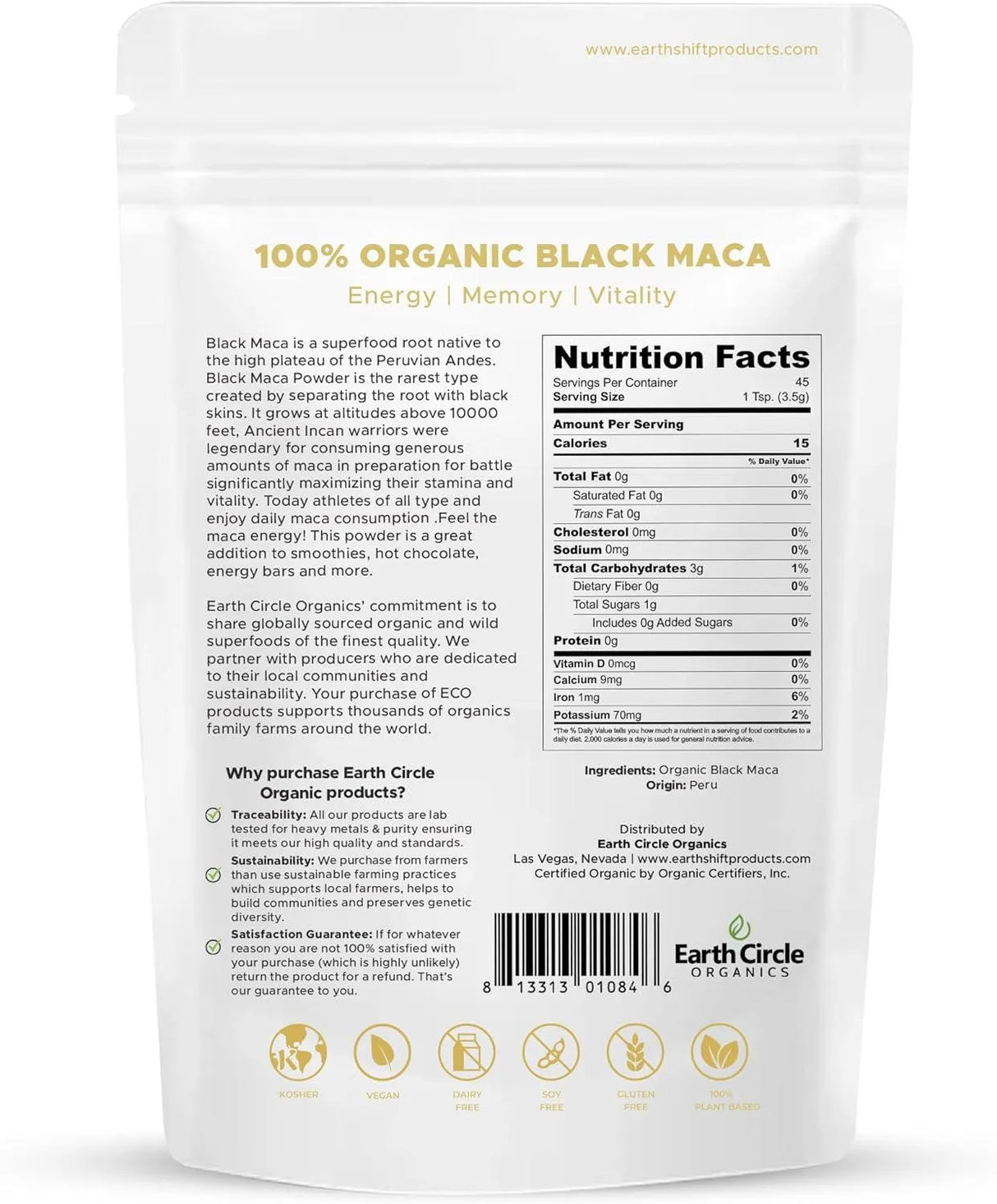 EARTH CIRCLE ORGANICS - Earth Circle Organics Organic Black Maca Peruvian Root Powder 226.7Gr. - The Red Vitamin MX - Suplementos Alimenticios - {{ shop.shopifyCountryName }}