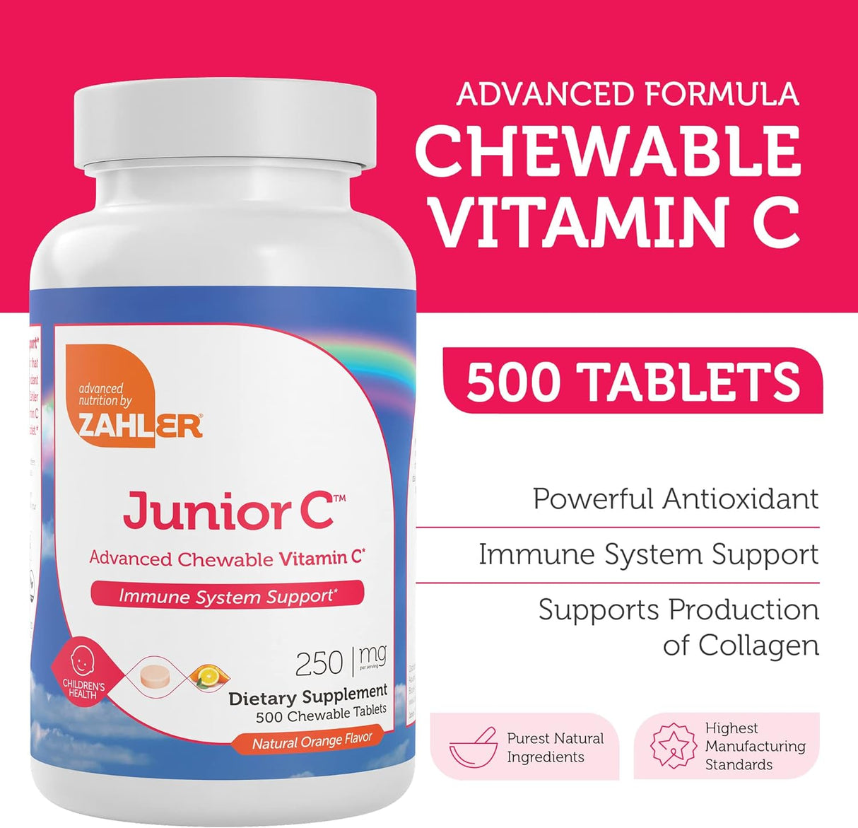 Zahler Junior C Advanced Chewable Vitamin C for Kids 500 Tabletas Masticables