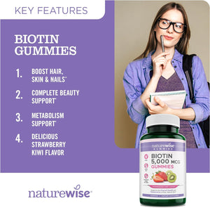 NatureWise Biotin Gummies Hair, Skin and Nails Vitamin 180 Gomitas