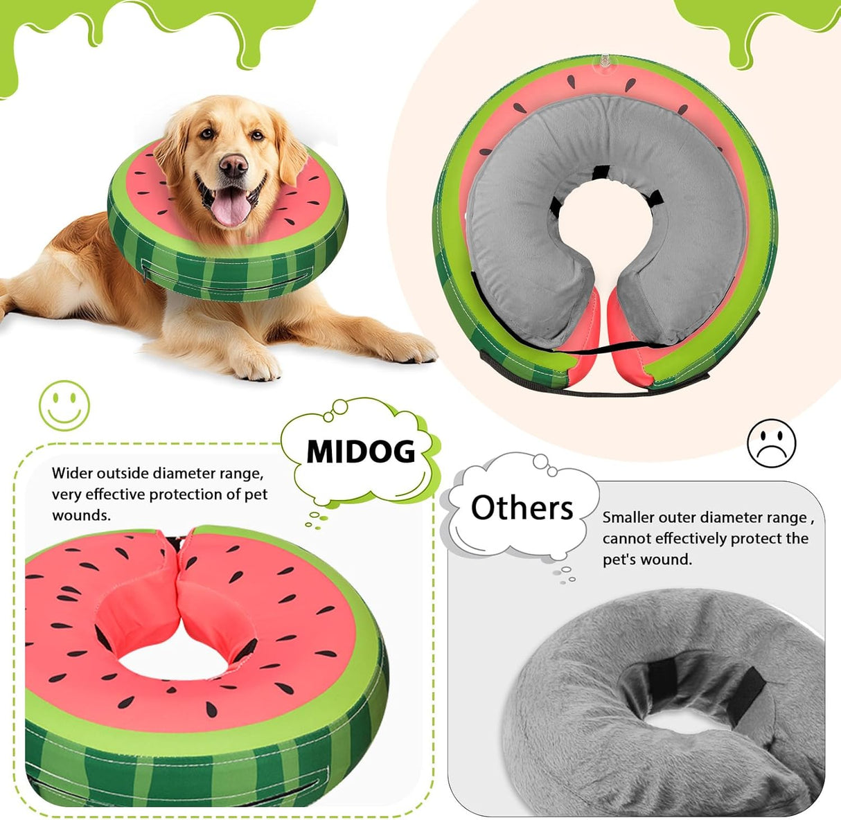 MIDOG Inflatable Dog Cone Collar Watermelon MEDIUM PLUS Neck 14"-18"