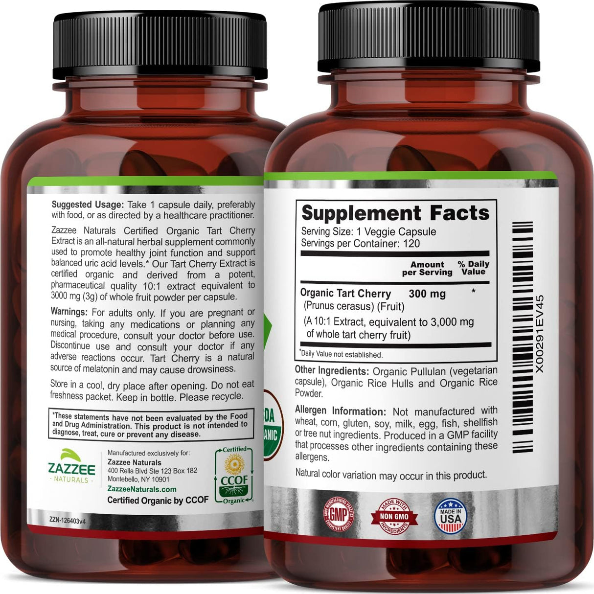 Zazzee USDA Organic Tart Cherry 10:1 Extract 3000Mg. 120 Capsulas