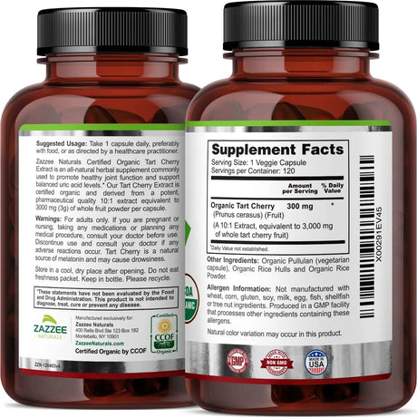 SOLGAR - Zazzee USDA Organic Tart Cherry 10:1 Extract 3000Mg. 120 Capsulas - The Red Vitamin MX - Suplementos Alimenticios - {{ shop.shopifyCountryName }}