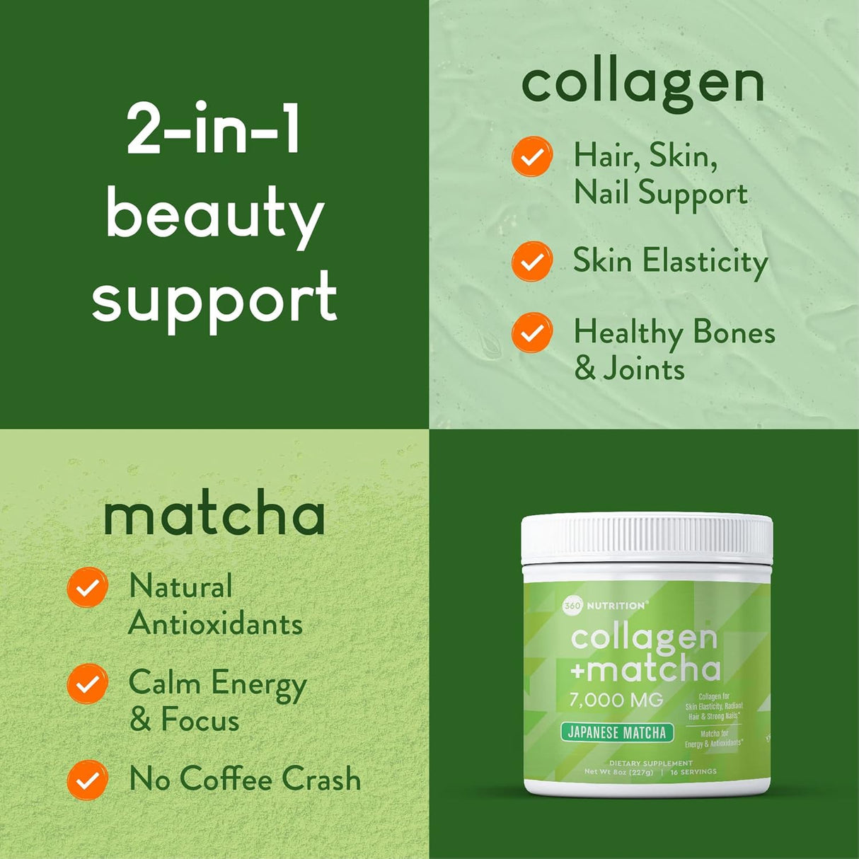 360 Nutrition Matcha Hydrolyzed Collagen Peptides Powder 16 Servicios 227Gr.