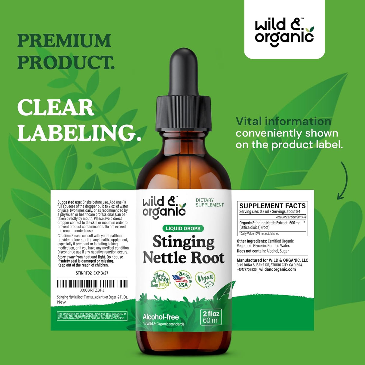 WILD & ORGANIC - Wild & Organic Stinging Nettle Root Drops 2 Fl.Oz. - The Red Vitamin MX - Suplementos Alimenticios - {{ shop.shopifyCountryName }}