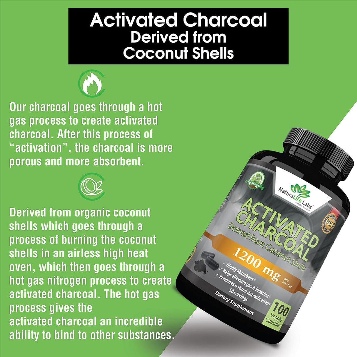 NaturaLife Labs Activated Charcoal 1200Mg. 100 Capsulas