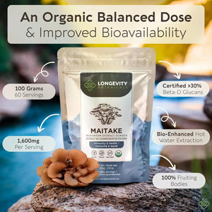LONGEVITY BOTANICALS - Longevity Botanicals Organic Maitake Mushroom Extract Powder 100Gr. - The Red Vitamin MX - Suplementos Alimenticios - {{ shop.shopifyCountryName }}