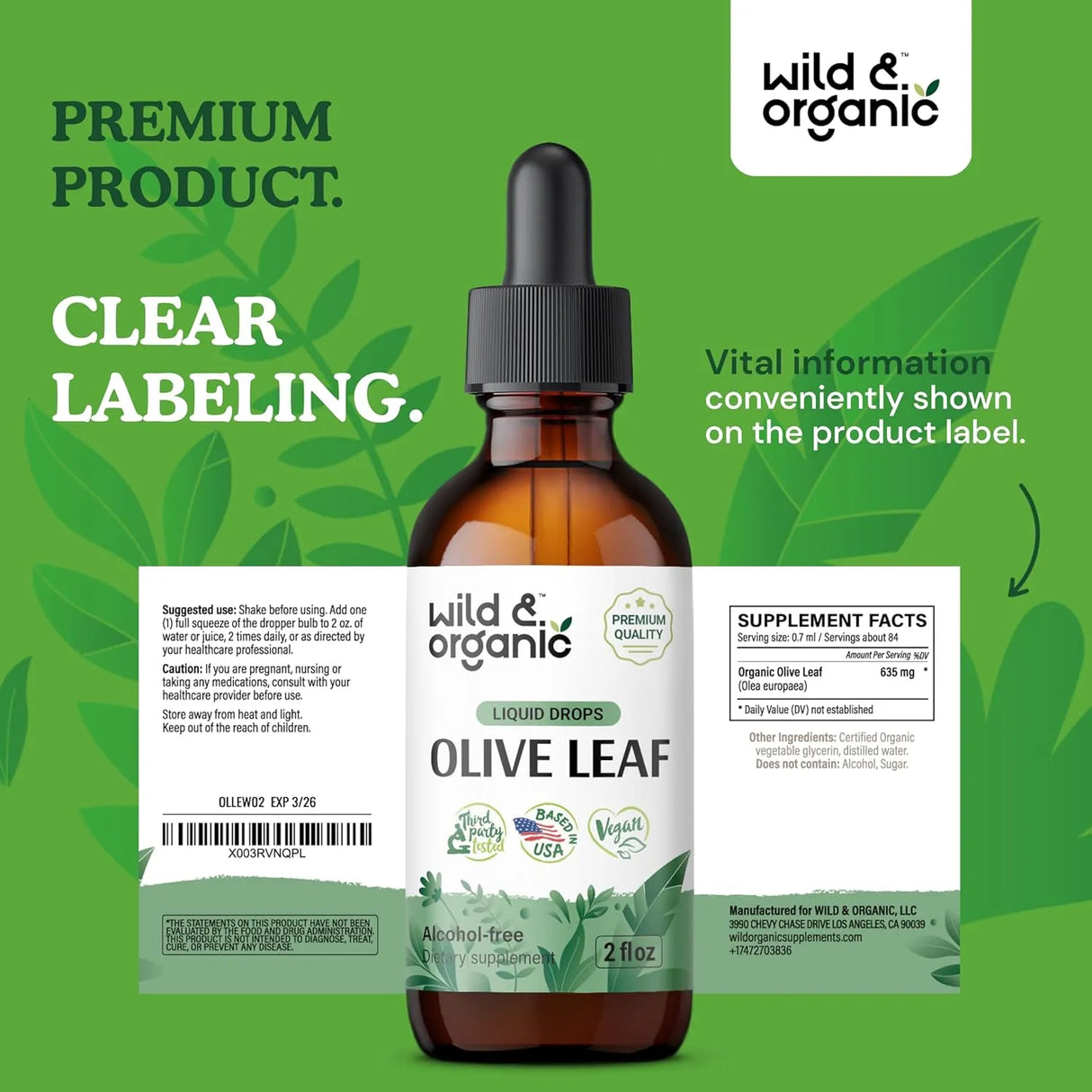 WILD & ORGANIC - Wild & Organic Olive Leaf Extract Liquid Drops 2 Fl.Oz. - The Red Vitamin MX - Suplementos Alimenticios - {{ shop.shopifyCountryName }}