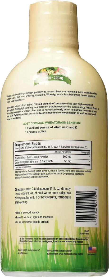 GARDEN GREENS - Garden Greens Wheat Grass Liquid with Real Ginger Extract 32 Servicios 946Ml. - The Red Vitamin MX - Suplementos Alimenticios - {{ shop.shopifyCountryName }}