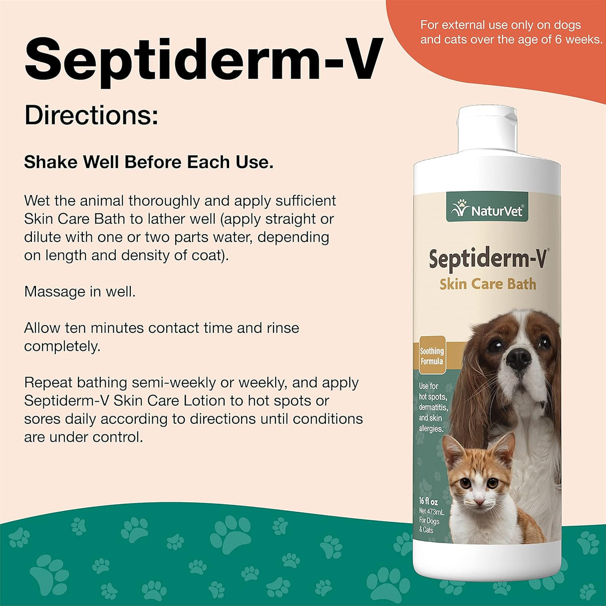 NaturVet Septiderm-V Skin Care Bath Wash for Dogs & Cats 473Ml.