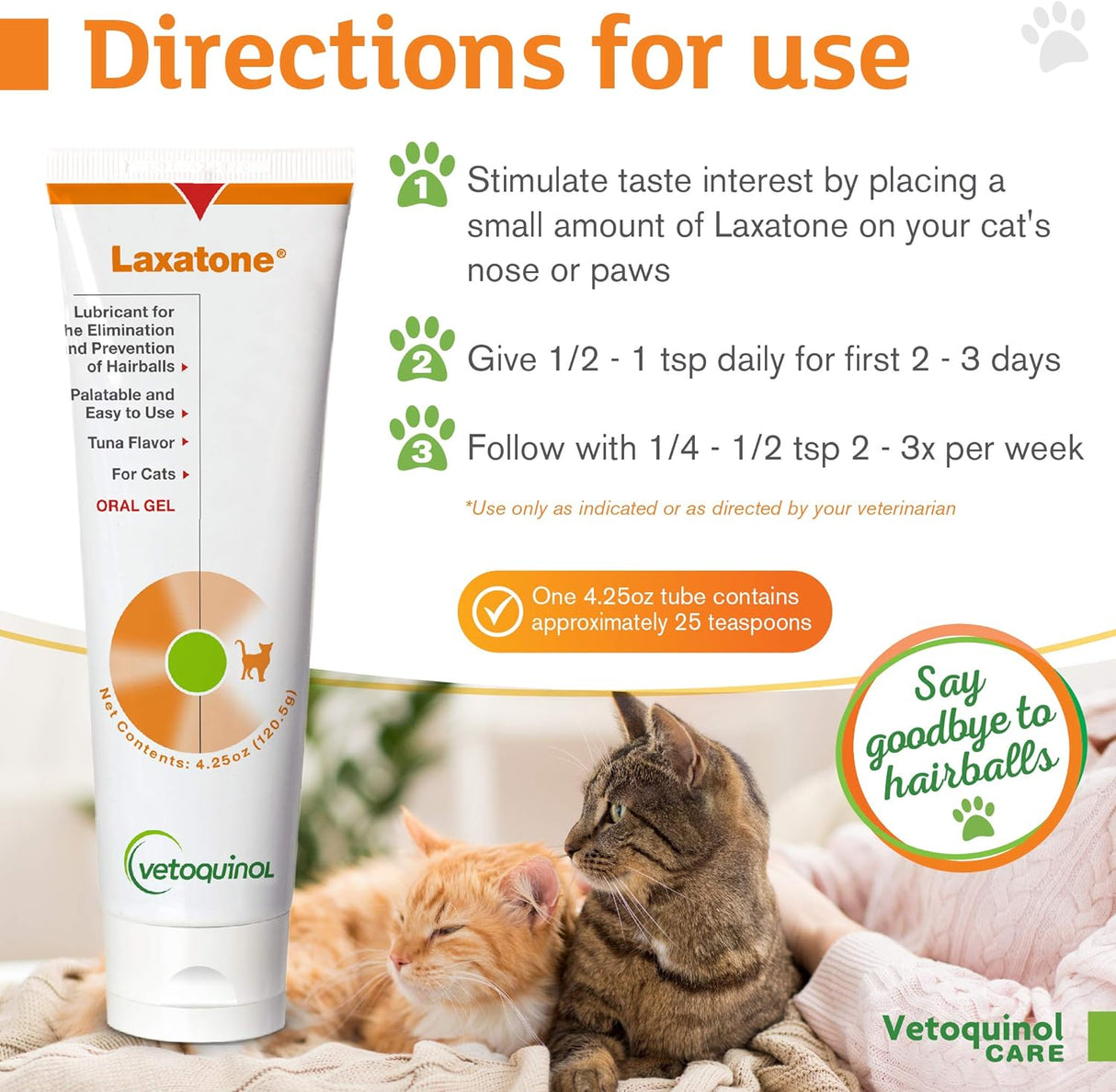Vetoquinol Laxatone: Oral Hairball Lubricant Gel for Cats 4.25 Oz. 2 Pack