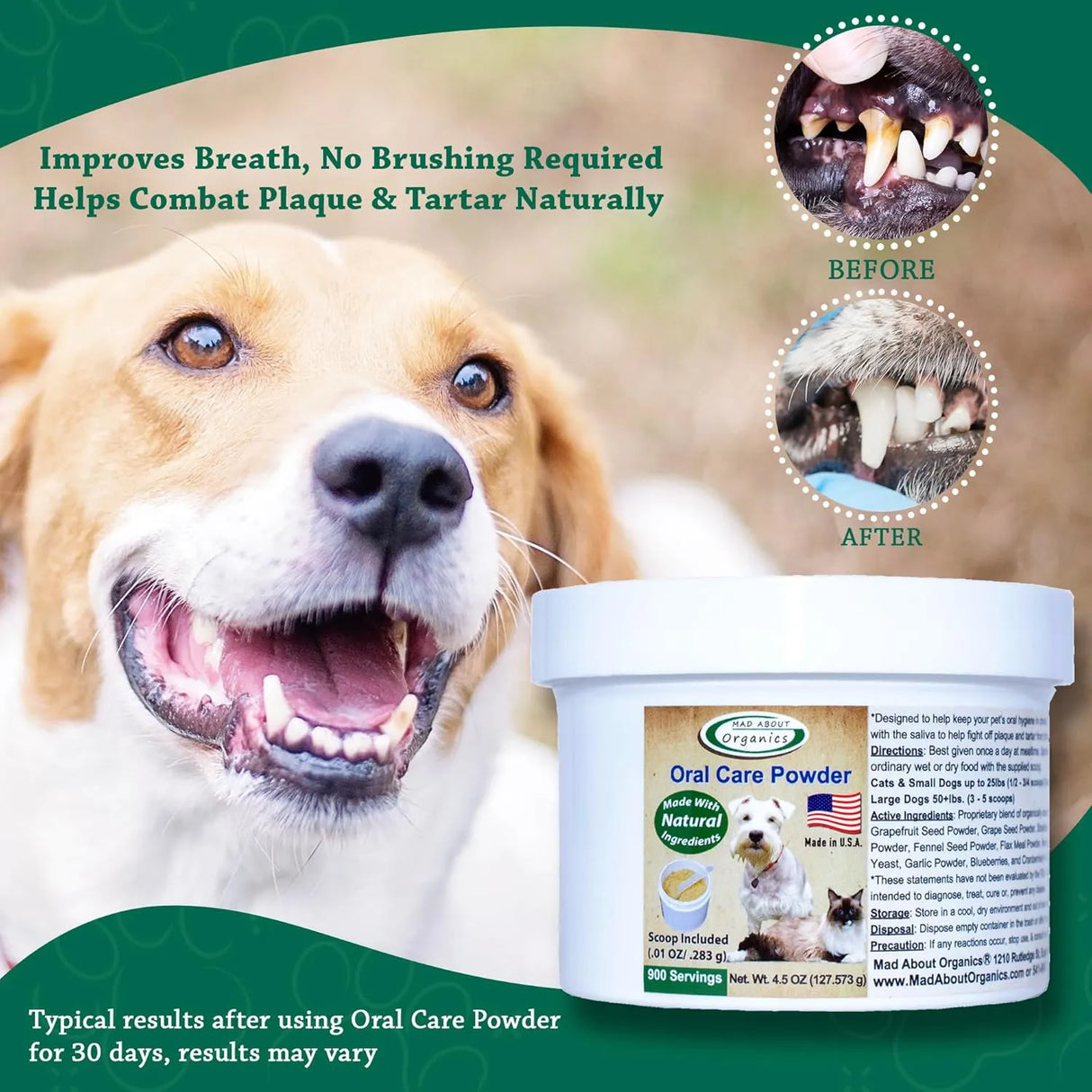MAD ABOUT ORGANICS - Mad About Organics Dog or Cat Oral Care Powder 127Gr. - The Red Vitamin MX - Cuidado Dental Para Perros - {{ shop.shopifyCountryName }}