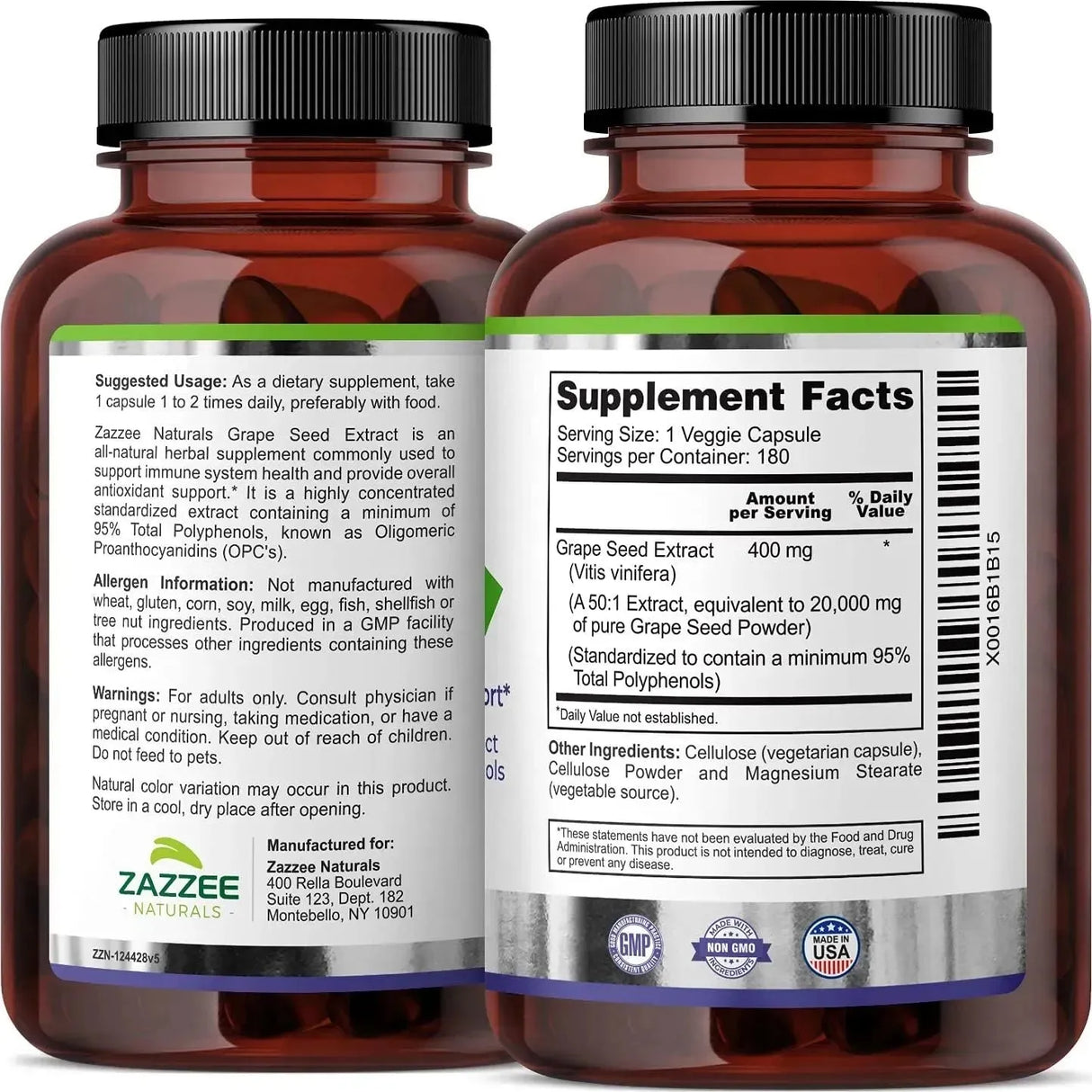 ZAZZEE NATURALS - Zazzee High Strength Grape Seed 50:1 Extract 180 Capsulas - The Red Vitamin MX - Suplementos Alimenticios - {{ shop.shopifyCountryName }}