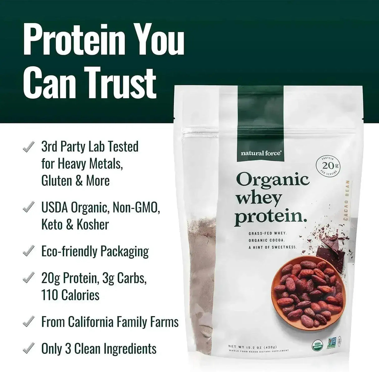 NATURAL FORCE - Natural Force Grass Fed Organic Whey Protein Powder Chocolate 454Gr. - The Red Vitamin MX - Suplementos Alimenticios - {{ shop.shopifyCountryName }}